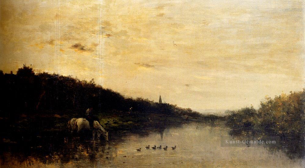 Chevaux Au Bord De L Oise Barbizon impressionistische Landschaft Charles Francois Daubigny Bach Ölgemälde
